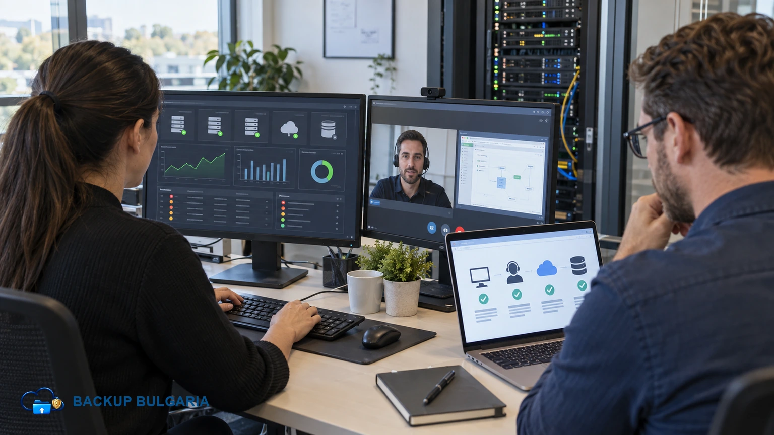 Мъж и жена работят с мониторинг, дистанционен IT специалист, cloud и backup