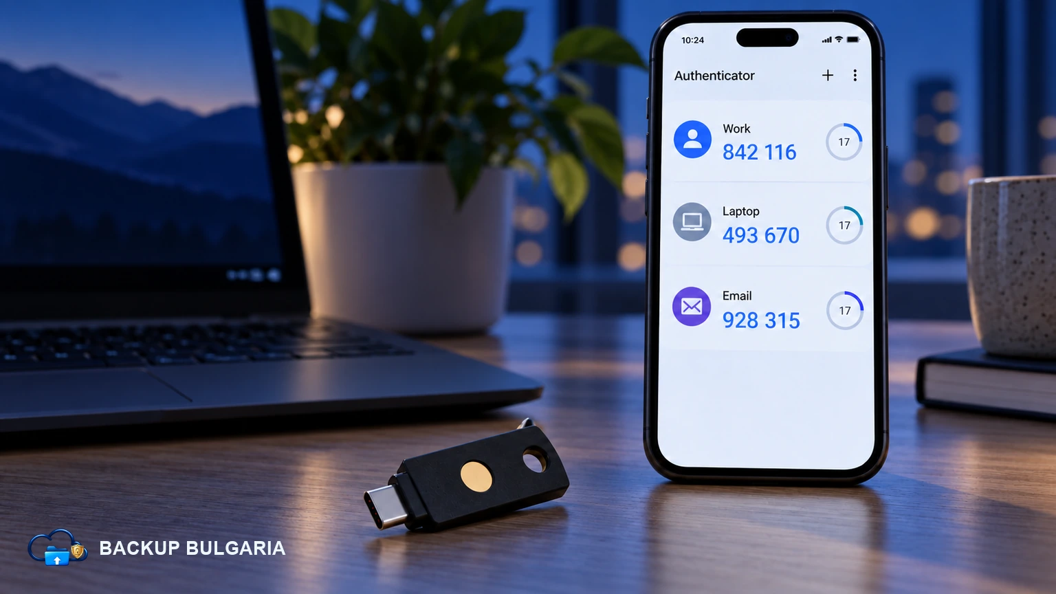 Хардуерен FIDO2 ключ до телефон със списък от кодове в приложение за удостоверяване
