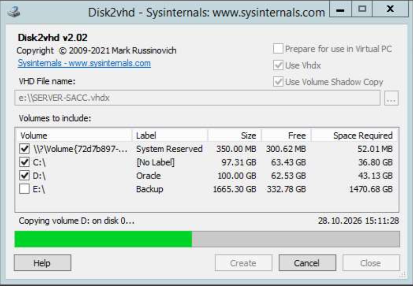 Избор на системните и приложните томове в Disk2vhd