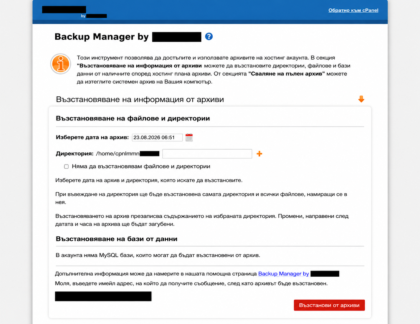 Скрийншот на собствен backup manager в хостинг панел