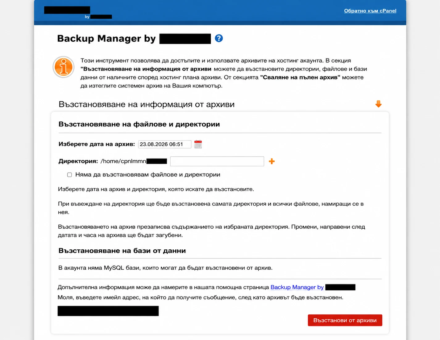 Скрийншот на собствен backup manager в хостинг панел